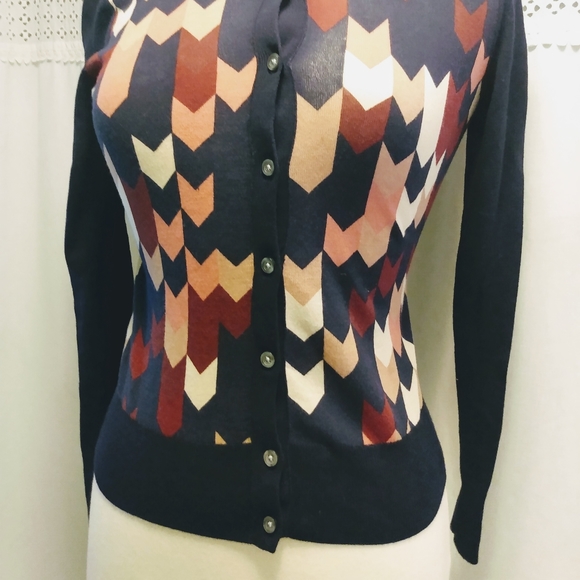 Ann Taylor Petite XS Cardigan Button Front Woman Cotton dark Macadamia  argyle - Picture 2 of 5